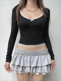 Sweet Lace Trim Cropped Square Collar Long Sleeve Knit Top