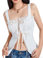 Sweet Lace Trim Tie-up Square Neck Slit Tank Vest