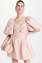 Sweet Ruched Knot Puff Sleeve Pleated Trim Cotton Blend Mini Dress - Pink
