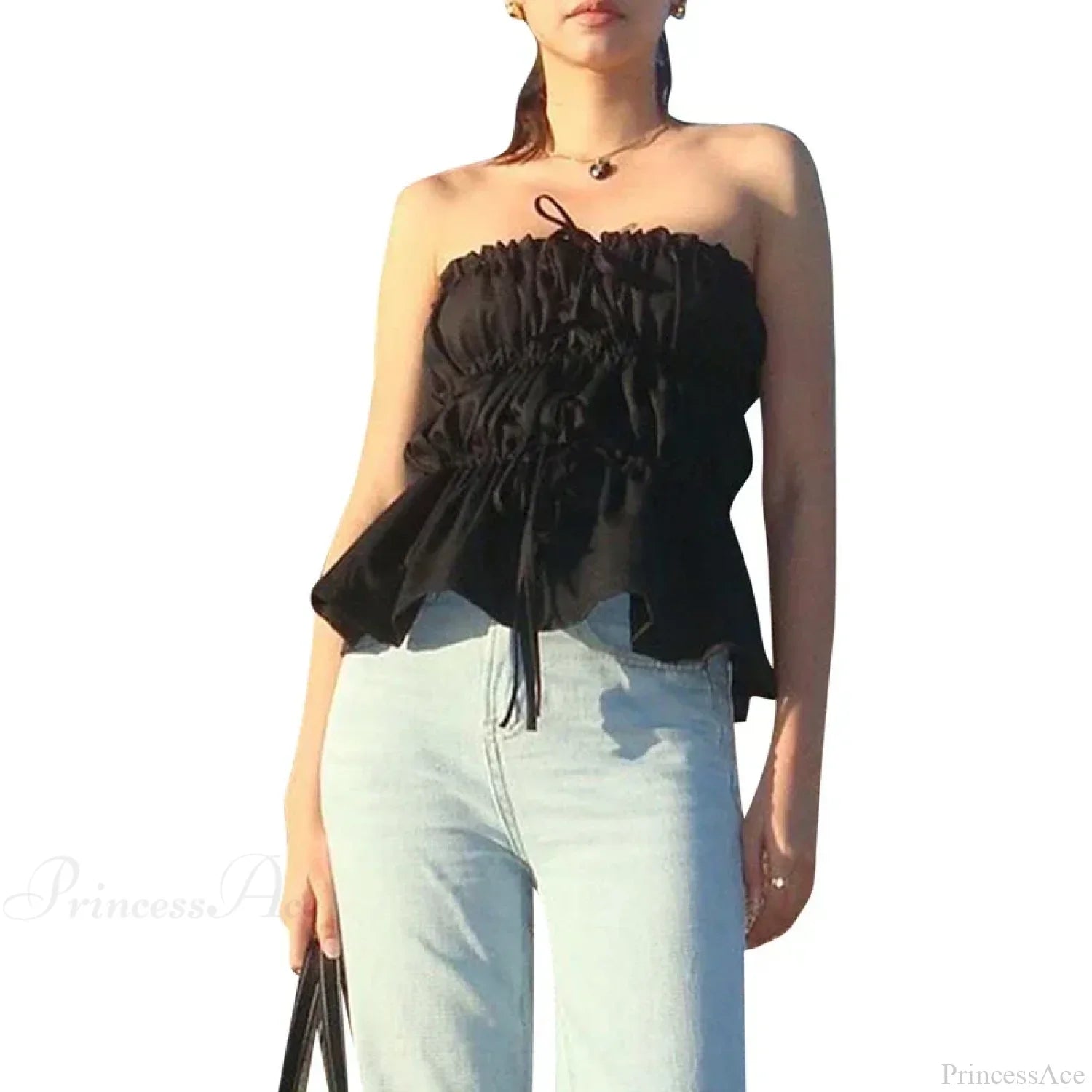 Sweet Ruched Tie Up Off Shoulder Sleeveless Slim Fit Y2K Strapless Crop Top