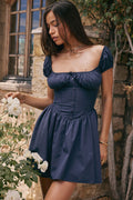 Sweet Scoop Neck Cap Sleeve Fit & Flare Corset Party Mini Dress - Navy Blue