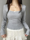 Sweet Solid Bow Slim Square Collar Long Sleeve Knit Top