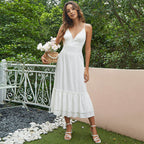 Ruffle Hem Lace Trim Sleeveless Midi Dress - White