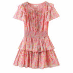 Tiered Ruffle Floral Printed Mini Dress - Pink