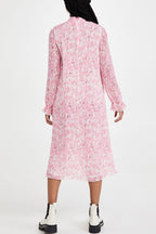 Sweet Tie Dye High Neck Long Sleeve Pleated Midi Dress - Pink