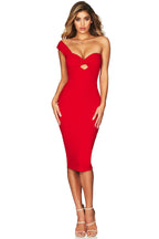 Sweetheart One Shoulder Bodycon Midi Cocktail Party Dress - Red