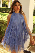 Swingy Halter Neck Open Back Layered Fringe Flapper Mini Dress - Dusty Blue