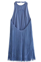 Swingy Halter Neck Open Back Layered Fringe Flapper Mini Dress - Dusty Blue