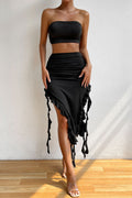 Swingy Ruffled Strappy Tube Top High Waist Split Two Piece Midi Dress - Black
