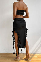 Swingy Ruffled Strappy Tube Top High Waist Split Two Piece Midi Dress - Black