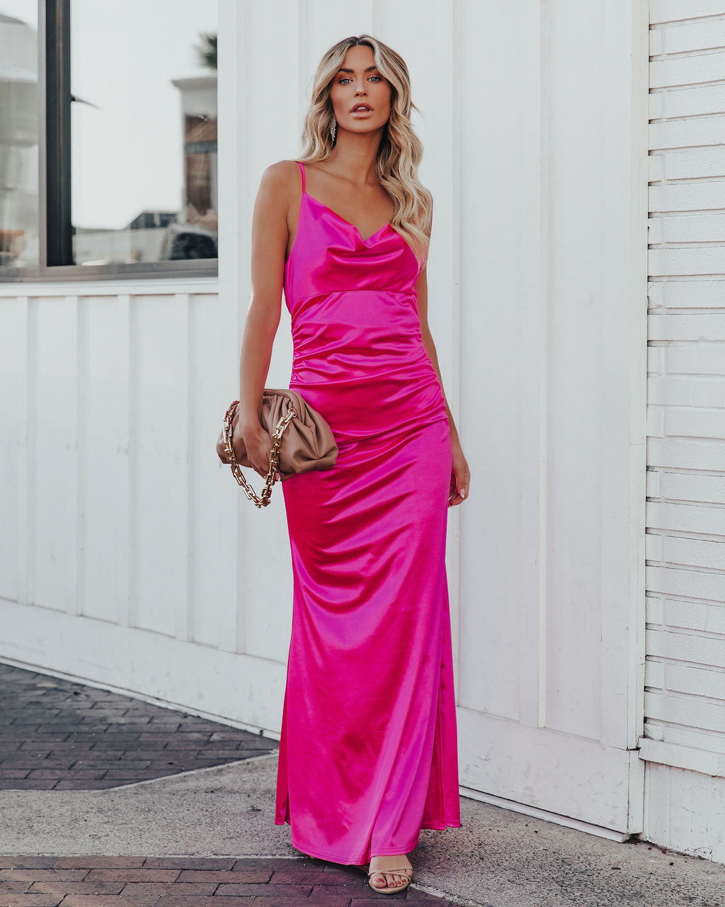 Take Care Satin Cowl Neck Maxi Dress Fuchsia FINAL
