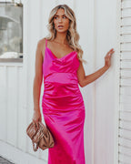 Take Care Satin Cowl Neck Maxi Dress Fuchsia FINAL