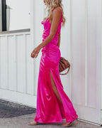 Take Care Satin Cowl Neck Maxi Dress Fuchsia FINAL