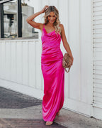 Take Care Satin Cowl Neck Maxi Dress Fuchsia FINAL