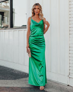 Take Care Satin Cowl Neck Maxi Dress Green FINAL