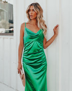 Take Care Satin Cowl Neck Maxi Dress Green FINAL