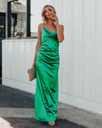 Take Care Satin Cowl Neck Maxi Dress Green FINAL