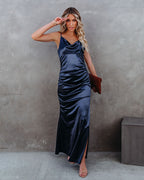 Take Care Satin Cowl Neck Maxi Dress Navy FINAL