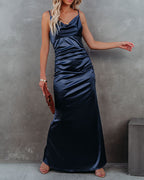 Take Care Satin Cowl Neck Maxi Dress Navy FINAL