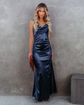 Take Care Satin Cowl Neck Maxi Dress Navy FINAL