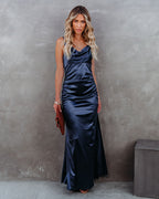 Take Care Satin Cowl Neck Maxi Dress Navy FINAL