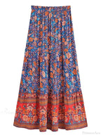 Tassel Floral Print Beach Boho Pleated Maxi Skirt Femme