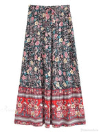 Tassel Floral Print Beach Boho Pleated Maxi Skirt Femme