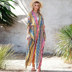Tassel Lace-up Kimono Cotton Printed Bikini Cover up