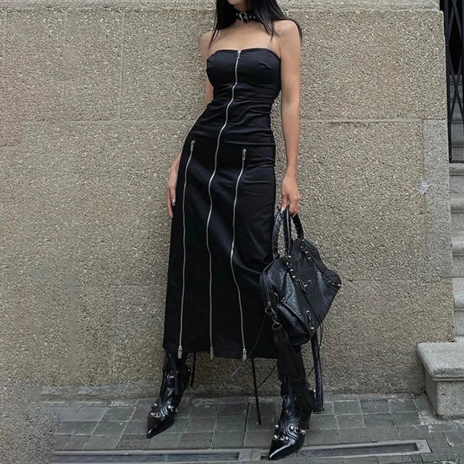Technical Zip Up Split Ebony Midi Dress