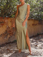Temperament Slim Fit One Shoulder Split Satin Dress