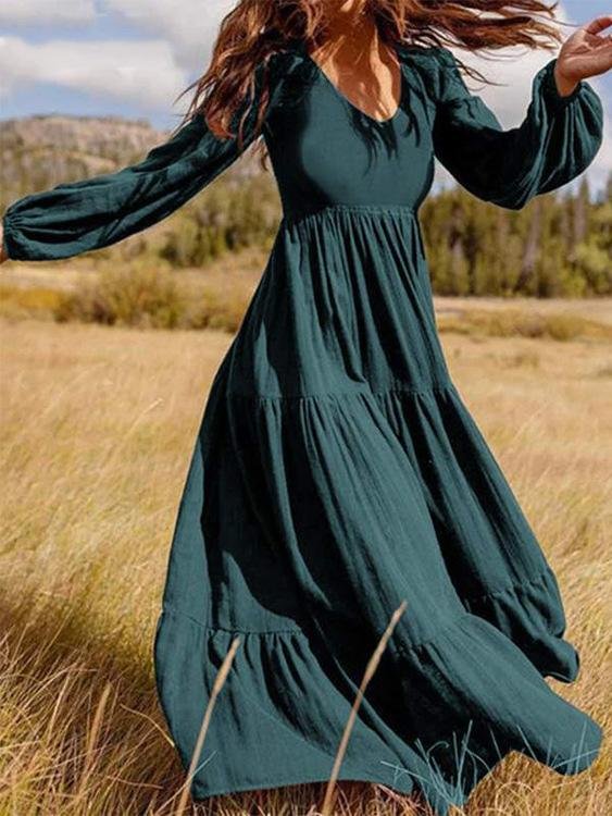 Temperament V Neck Long Sleeve Flowy Dress