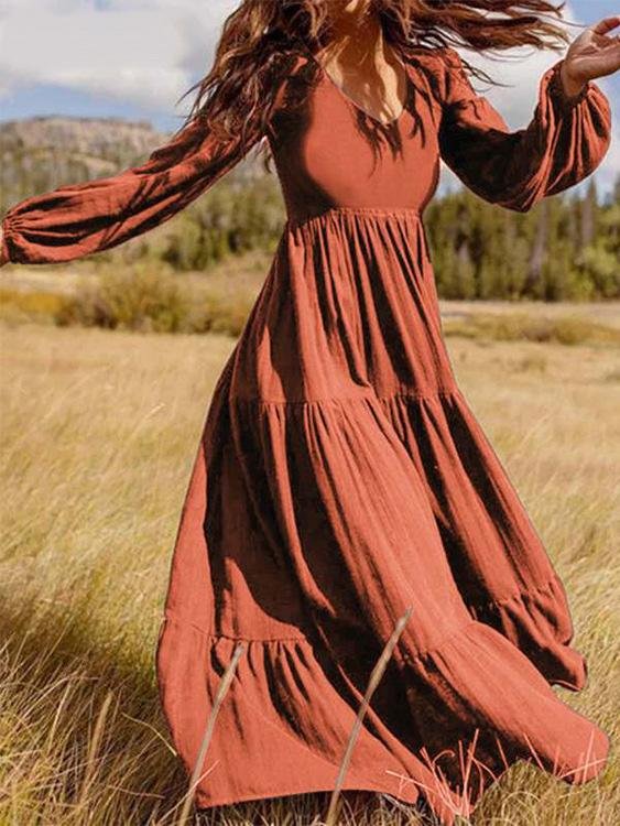 Temperament V Neck Long Sleeve Flowy Dress