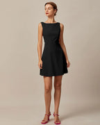 Black Sleeveless Boat Neck Mini Dress