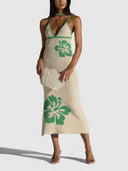 Knitted Suspender Halterneck V - Neck Backless Sexy Midi Dress