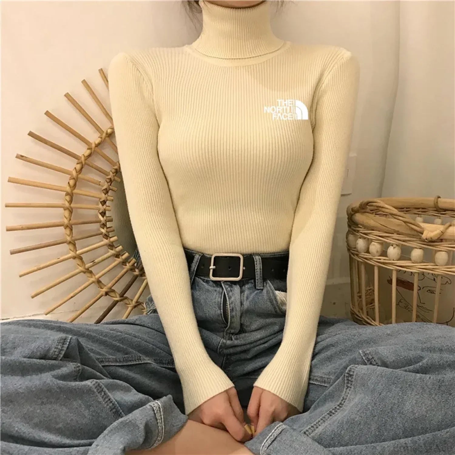 Thick Ribbed Sweater Cotton Turtleneck Knit Pullover Top