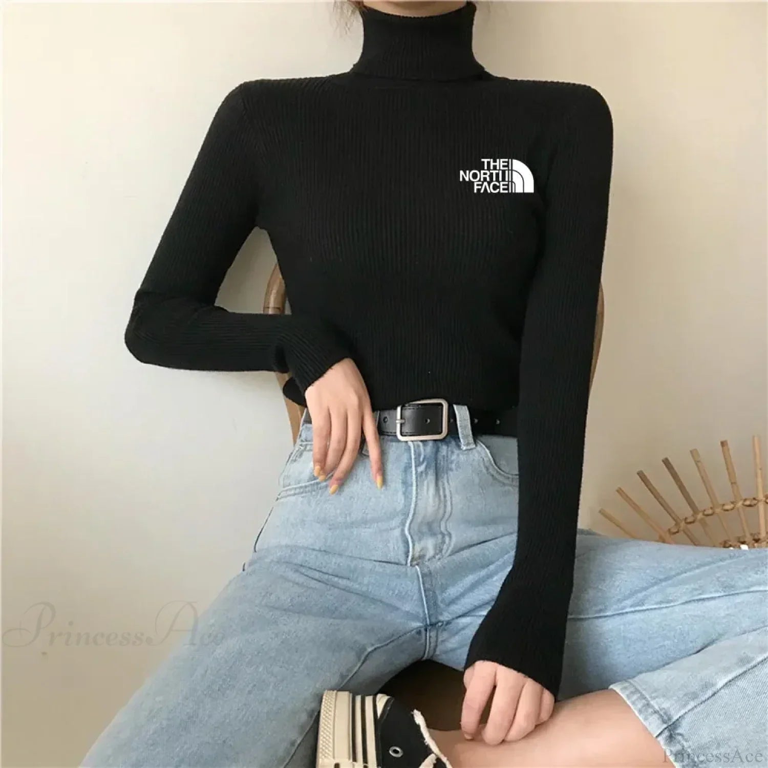 Thick Ribbed Sweater Cotton Turtleneck Knit Pullover Top