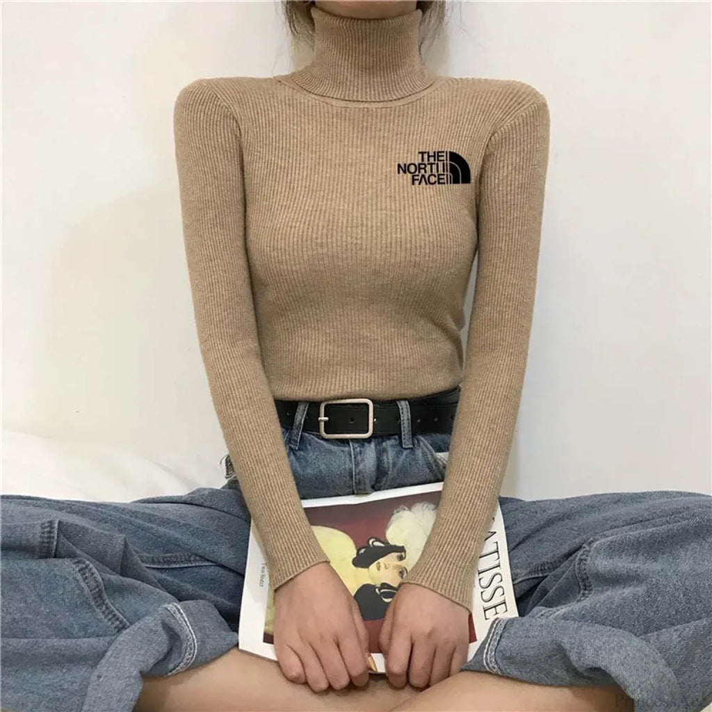 Thick Ribbed Sweater Cotton Turtleneck Knit Pullover Top