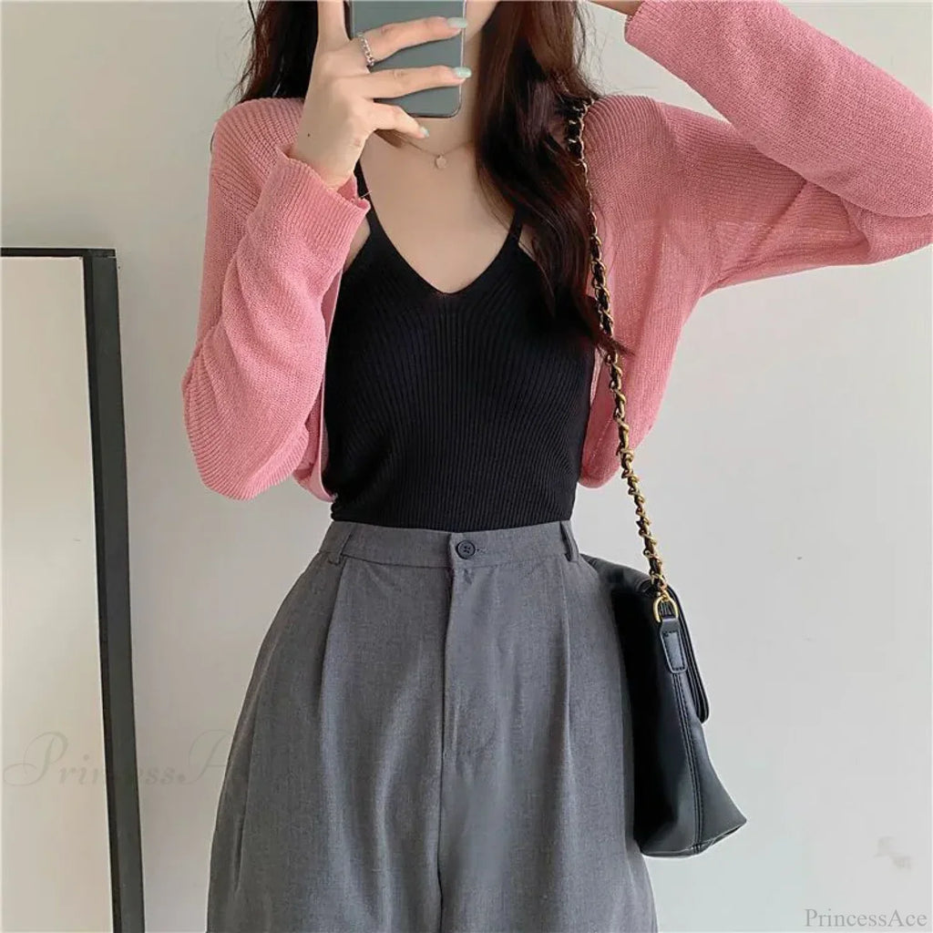 Thin Long Sleeve Sunscreen Cropped Solid Knit Cardigan