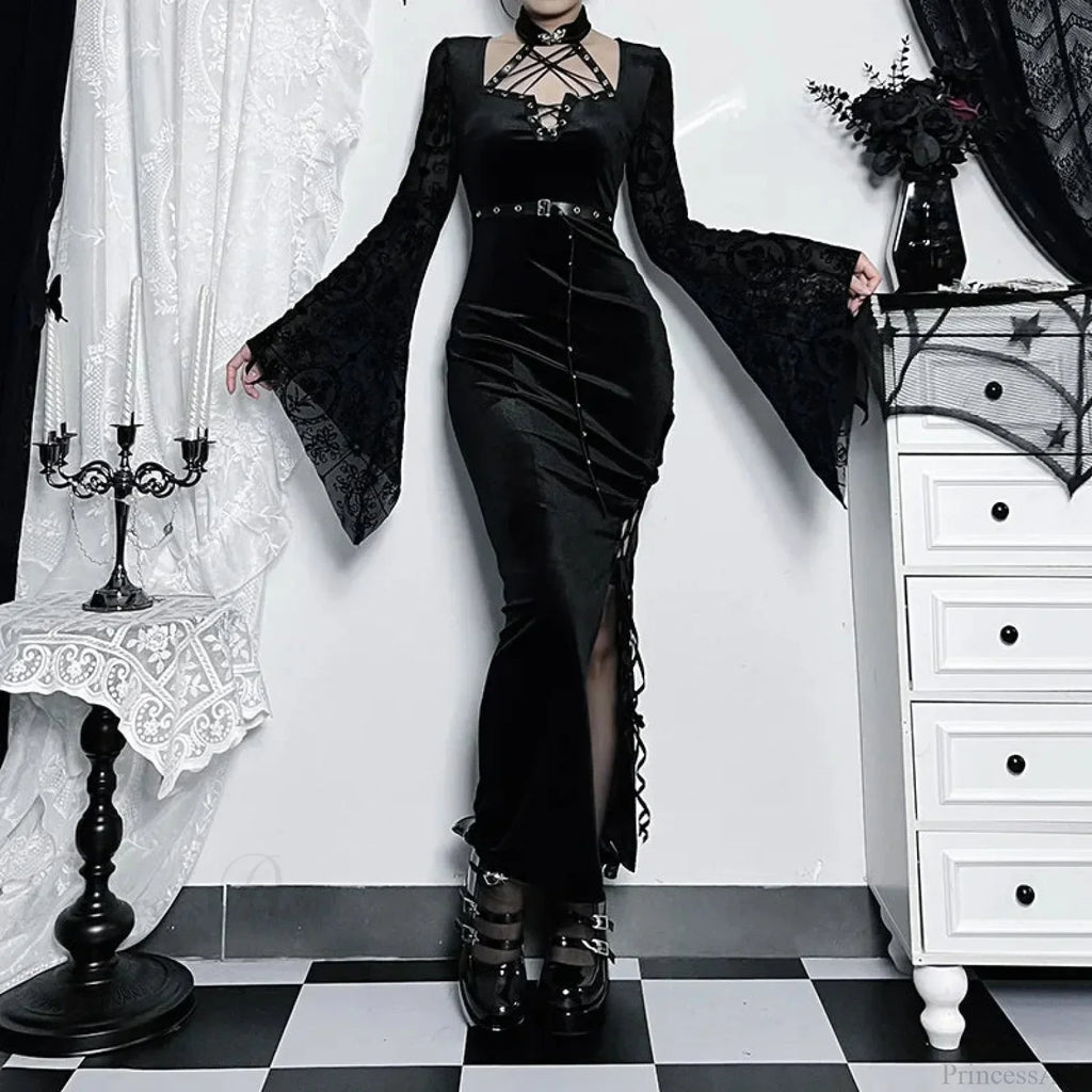 Thin Suede Separated Flared Full-Length Dress