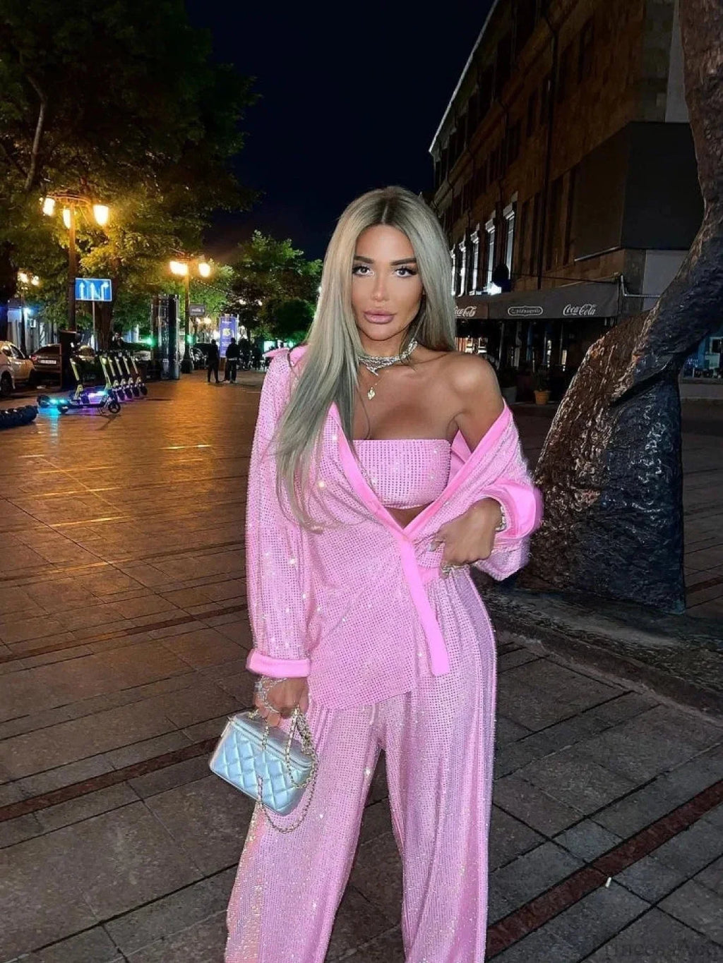 Three Piece Pants Set Sexy Sparkle Diamonds Long Sleeve Pink Party Dress