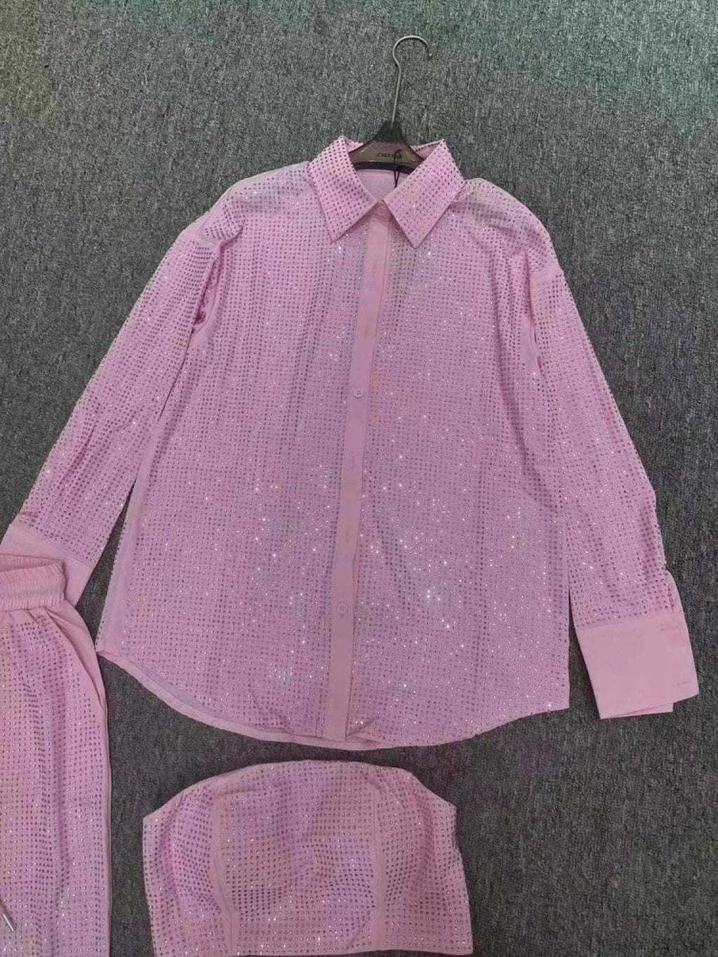 Three Piece Pants Set Sexy Sparkle Diamonds Long Sleeve Pink Party Dress