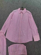 Three Piece Pants Set Sexy Sparkle Diamonds Long Sleeve Pink Party Dress