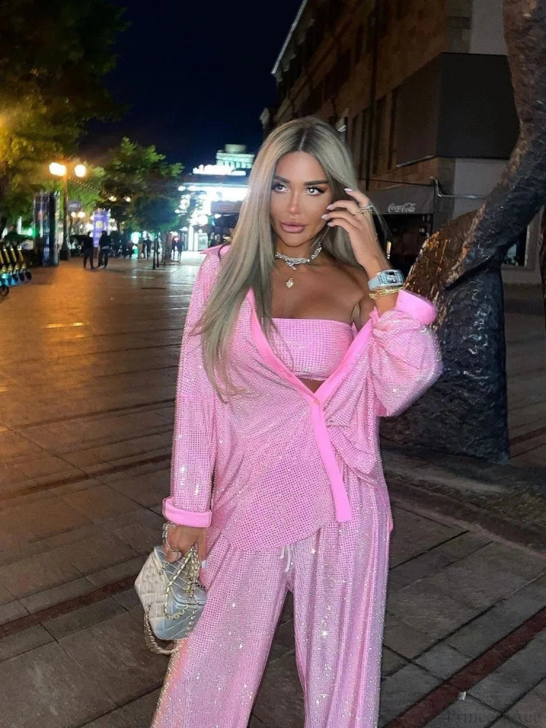 Three Piece Pants Set Sexy Sparkle Diamonds Long Sleeve Pink Party Dress