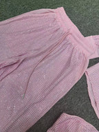 Three Piece Pants Set Sexy Sparkle Diamonds Long Sleeve Pink Party Dress