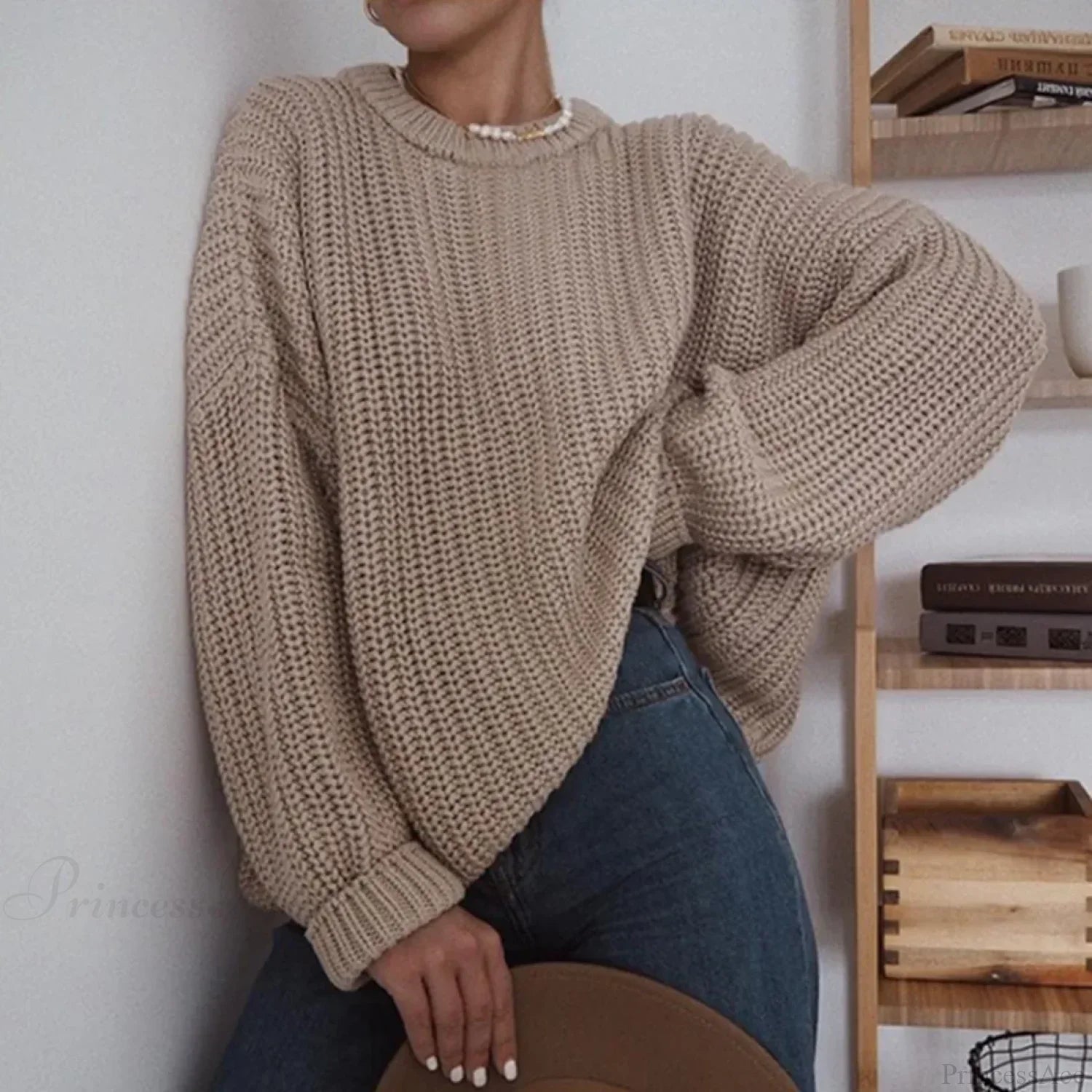 Three - Quarter Sleeve Elegant Khaki Sweater