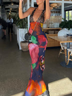 Tie Dye Floral Chiffon Vacation Dress