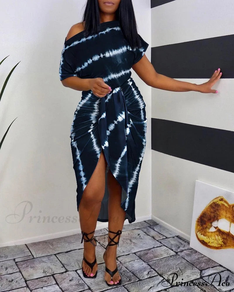 Tie Dye Print Ruched Slit Short Sleeve Casual Dress