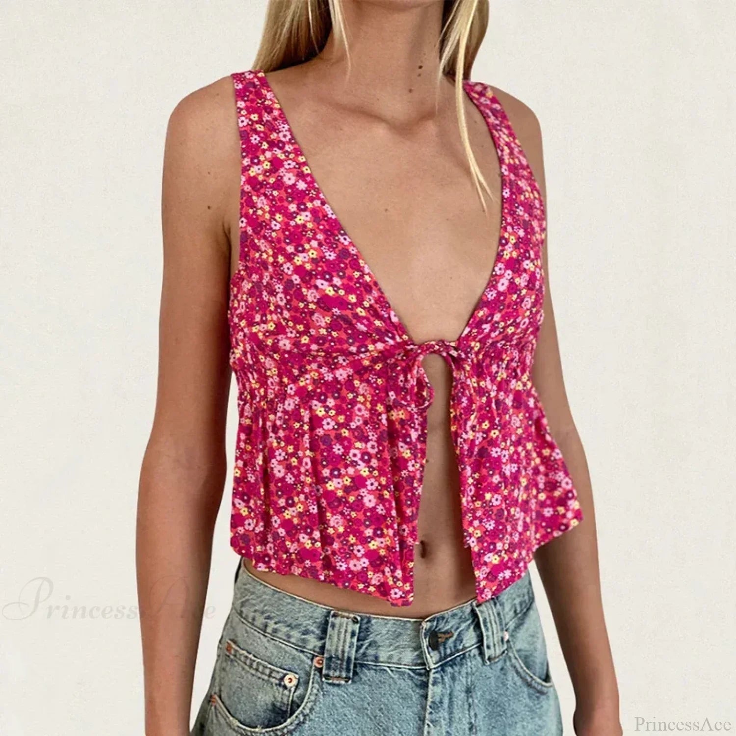 Tie Front Underbust Drawcord Floral Print V Neck Sleeveless Fairy Backless Crop Top