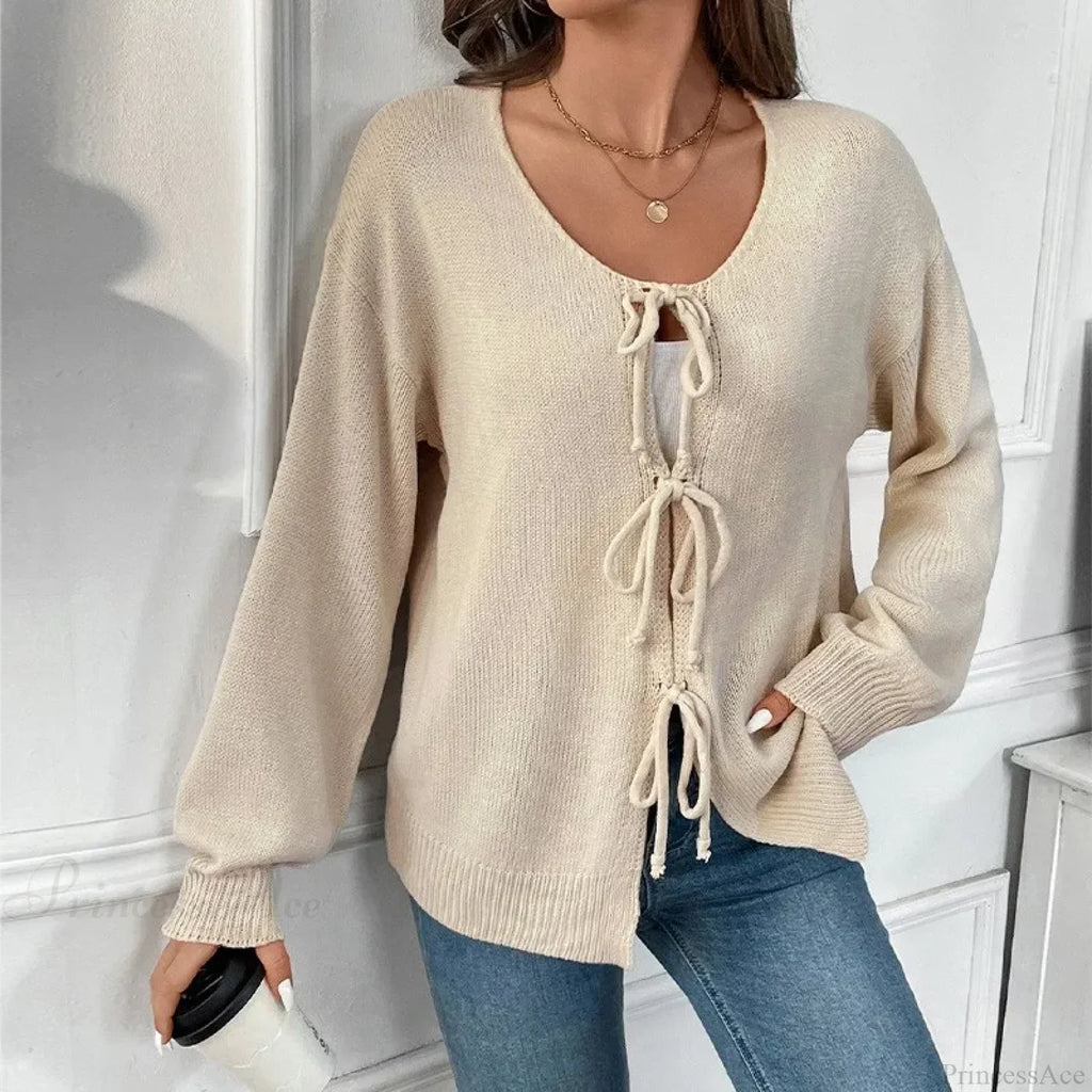 Tie-Up Round Neck Solid Sweater Coat Cardigan