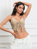 Tied Front Lace Trim Spaghetti Strap Club Crop Vest Top